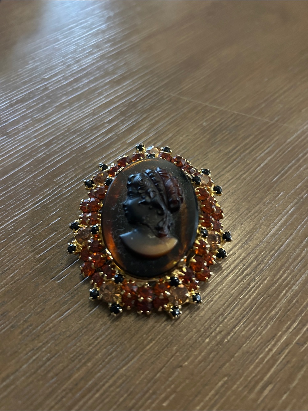 Vintage-Delazza-Elster Juliana Black Cameo Brooch with Amber and Black Accents